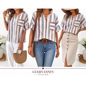 Urban romantic Women M Linen Cotton Striped Blouse Bell Sleeve Boho Coastal Top